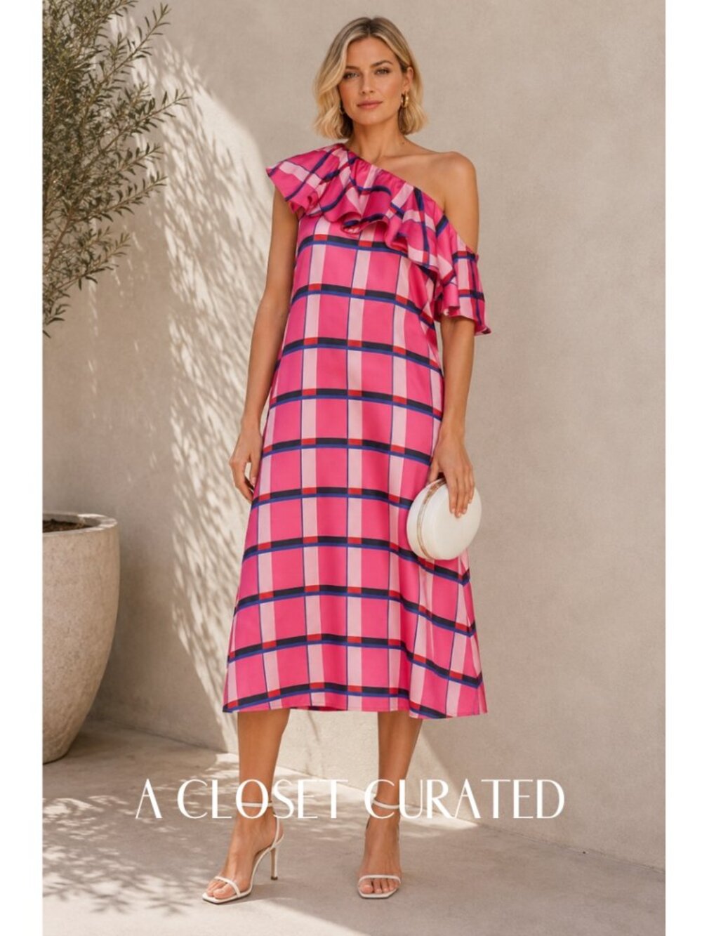 Paper London Chi Chi Silk One Shoulder Midi Dress 2 Pink Plaid NWT